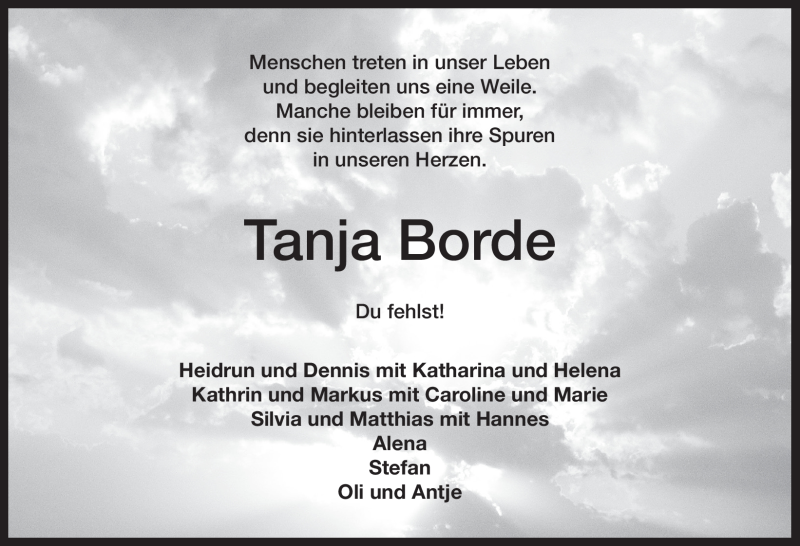  Traueranzeige für Tanja Borde vom 12.07.2012 aus Pegnitz-Zeitung